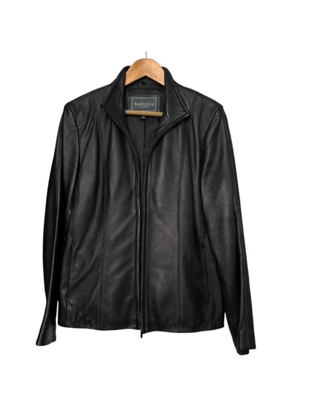 Van Heusen Black Genuine Leather Jacket Women's Size Large Fitted Zip Up Pockets - Picture 12 of 14